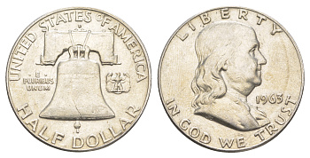 США 1/2 доллара (50 центов) 1963 Бенджамин Франклин, колокол KM 199 серебро  aUNC  4574-535