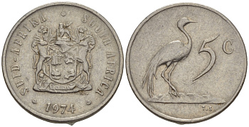ЮАР 5 центов 1974 герб, райский журавль KM 84 никель 66-329