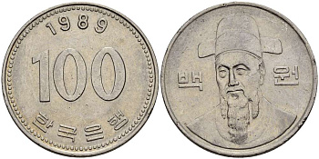 Южная Корея 100 вон 1989 Ли-Сунсин, корейский флотоводец KM 35.2 медно-никель 4511-943