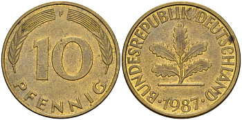 ФРГ 10 пфеннигов 1987 F KM 108, J. 383 сталь плакированная латунью 4163-621