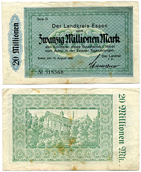 ЭССЕН 20000000 МАРОК (20 МИЛЛИОНОВ) 1923 15 АВГУСТА 1923, LINDKREIS, СЕРИЯ D, НОТГЕЛЬД, ЗЕМЛЯ СЕВЕРНЫЙ РЕЙН-ВЕСТФАЛИЯ Arnold Keller 1440d бумага 2193-17-1-1