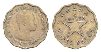 Гана 3 пенса 1958 Кваме Нкрума KM 3 медно-никель 4636-168