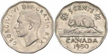 Канада 5 центов 1950 бобр, Георг VI (1937-1952) KM 42 никель 73-1342
