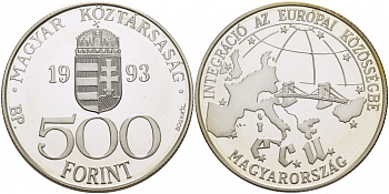 Венгрия 500 форинтов 1993 интеграция в ЕС, мост с Европой KM 704 серебро PROOF 11-171-25