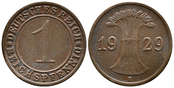 ГЕРМАНИЯ 1 РЕЙХСПФЕННИГ 1929 F KM 37, J. 313 бронза 39-1011