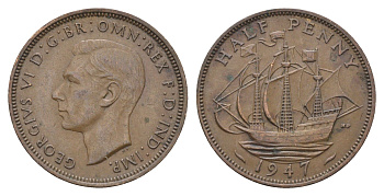 Великобритания 1/2 пенни 1947 Георг VI (1936-1952) KM 844, Spink 4115 бронза 4662-1116