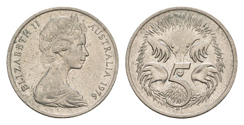 Австралия 5 центов 1976 Елизавета II (1952-2022) молодой портрет, ехидна KM 64 медно-никель 4655-1262