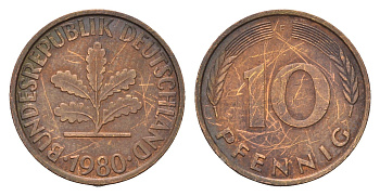 ФРГ 10 пфеннигов 1980 F KM 108, J. 383 сталь плакированная латунью 187-758