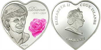 Острова Кука 5 долларов 2007 принцесса Диана (1961-1997) - монета в форме сердца, тираж 1997 экз серебро PROOF 1069-6-12