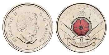 Канада 25 центов 2004 День памяти, Цветное покрытие KM 510 сталь плакированная никелем UNC 4678-1146
