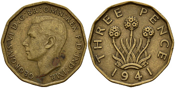 Великобритания 3 пенса 1941 Георг VI (1936-1952) KM 849, Spink 4112 никель латунь 4187-1044