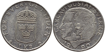 Швеция 1 крона 1990 Карл XVI Густав (1973- ) KM 852a медно-никель 4398-1234