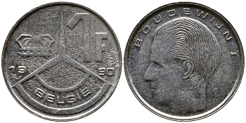 Бельгия 1 франк 1990 Belgie, Бодуэн I (1951-1993) KM 171 нержавеющая сталь 4387-642