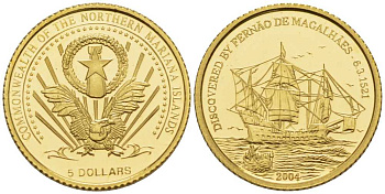 Северные Марианские острова 5 долларов 2004 Путешествие Магеланна, корабли золото PROOF 00-811-11