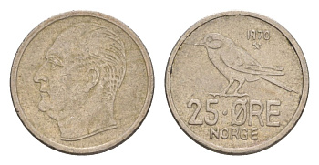 Норвегия 25 эре 1970 Улаф V (1957-1991) KM 407 медно-никель 4632-1243