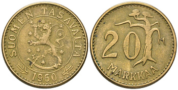 Финляндия 20 марок 1960 S KM 39 алюминиевая бронза 4586-752