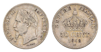 Франция 50 сантимов 1868 BB, Наполеон III (1852-1870) KM 814.2, Le Franc 88/10 серебро 443-1624