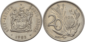 ЮАР 20 ЦЕНТОВ 1983 ГЕРБ, ЦВЕТОК ПРОТЕЯ KM 85 никель 67-454