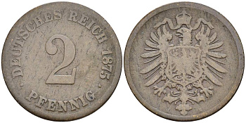 ГЕРМАНИЯ 2 ПФЕННИГА 1875 H, СТАРОГЕРБОВКА, РЕДКАЯ KM 2, Jager 2, Weege 3 медь 4546-554