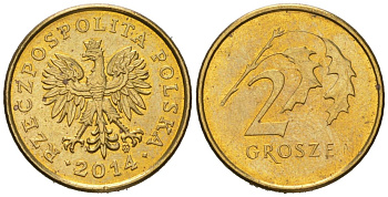 Польша 2 гроша 2014 MW KM 277 латунь UNC 4549-529