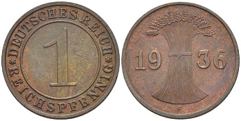 ГЕРМАНИЯ 1 РЕЙХСПФЕННИГ 1936 F KM 37, J. 313, Weege 2 бронза 211-133