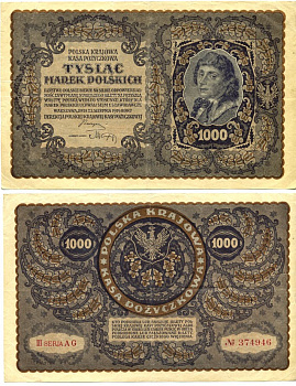 ПОЛЬША 1000 МАРОК 1919 23 АВГУСТА 1919, ТРЕТИЙ ВЫПУСК, ПОРТРЕТ КОСТЮШКО Pick 29 бумага 6289-19-2