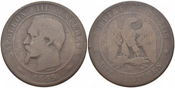Франция 10 сантимов 1855 A, Наполеон III (1852-1870) KM 771.1, Le Franc 133,19 бронза 3460-945