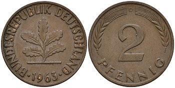 ФРГ 2 пфеннига 1963 D J.381  KM 106 бронза    4598-729