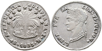 Боливия 4 соля 1855 M.J. KM 123.2 серебро 1525-1135