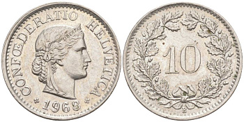 ШВЕЙЦАРИЯ 10 РАППЕНОВ 1968 В KM 27 медно-никель 55-413