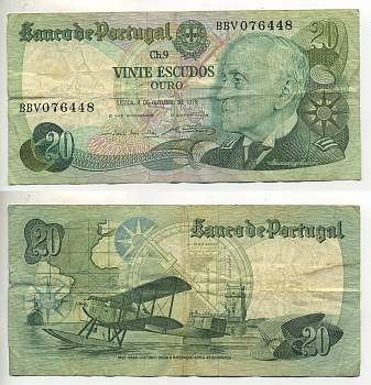 Португалия 20 эскудо 1978 Гагу Коутинью, биплан Fairey III III-MKII Pick 176 b бумага 7552-37-4