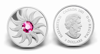 Канада 3 доллара 2011 на день рождения, октябрь, камень месяца турмалин KM NEW серебро PROOF 00-000-00
