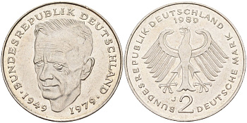 ФРГ 2 марки 1989 J , Курт Шумахер, 30 лет Федеративной Республике (1949-1979) KM 149, J. 424 медно-никель плакированный никелем 4168-443