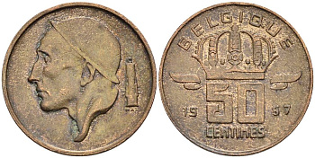 БЕЛЬГИЯ 50 САНТИМОВ 1967 BELGIQUE KM 148.1 бронза 4528-924