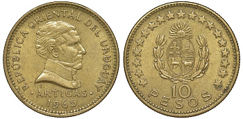 Уругвай 10 песо 1965 KM 48 алюминиевая бронза 4574-716