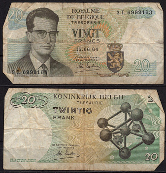 Бельгия 20 франков 1964 Бодуэн I; Атомиум, Брюссель Pick 138 (2) бумага 7548-110-4-2