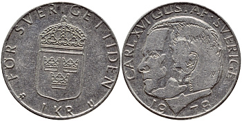 Швеция 1 крона 1978 Карл XVI Густав (1973- ) KM 852 медь плакированная медно-никелем 56-534