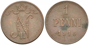 РОССИЯ ДЛЯ ФИНЛЯНДИИ 1 ПЕННИ 1916 НИКОЛАЙ II (1895-1917) KM 13, Биткин 476 медь 211-1026