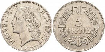 ФРАНЦИЯ 5 ФРАНКОВ 1933 KM 888 никель 69-221
