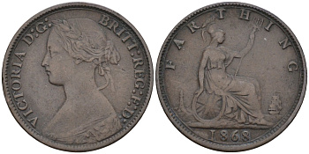 Великобритания 1 фартинг 1868 Виктория (1837-1901) KM 747.2, Spink 3958 бронза 4584-132