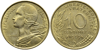 Франция 10 сантимов 1969 KM 929, Le Franc 144.9 медь алюминий никель 192-654