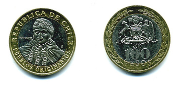 Чили 100 песо 2010 индейцы Мапуче KM 236 биметалл 29-1245