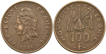 Французская Новая Каледония 100 франков 1996 хижина среди сосен и пальм, (IEOM) KM 15, Schoen 16, Lec 139 никель бронза 88-1211