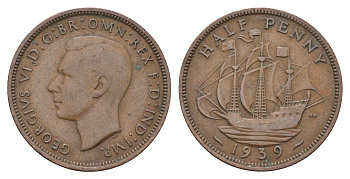 Великобритания 1/2 пенни 1939 Георг VI (1936-1952) KM 844, Spink 4115 бронза    4660-613