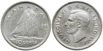Канада 10 центов 1941 Георг VI (1936-1952), парусник KM 34 серебро     4532-739