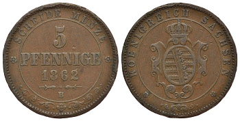 Саксония 5 пфеннигов 1862 B, Йоханн (1854-1873) KM 1218 медь 413-6144