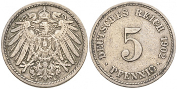 ГЕРМАНИЯ 5 ПФЕННИГОВ 1902 A, KM 11, J. 12 медно-никель 73-1531