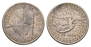 Куба 20 сентаво 1952 50 лет Республике Куба KM 24 серебро 75-1915