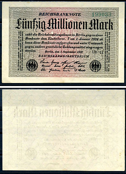 Германия 50000000 марок 1923 1 сентября 1923 Pick 109 f бумага 8590-41-2-1