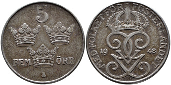 Швеция 5 эре 1948 Густав V (1907-1950) KM 812 железо 36-331